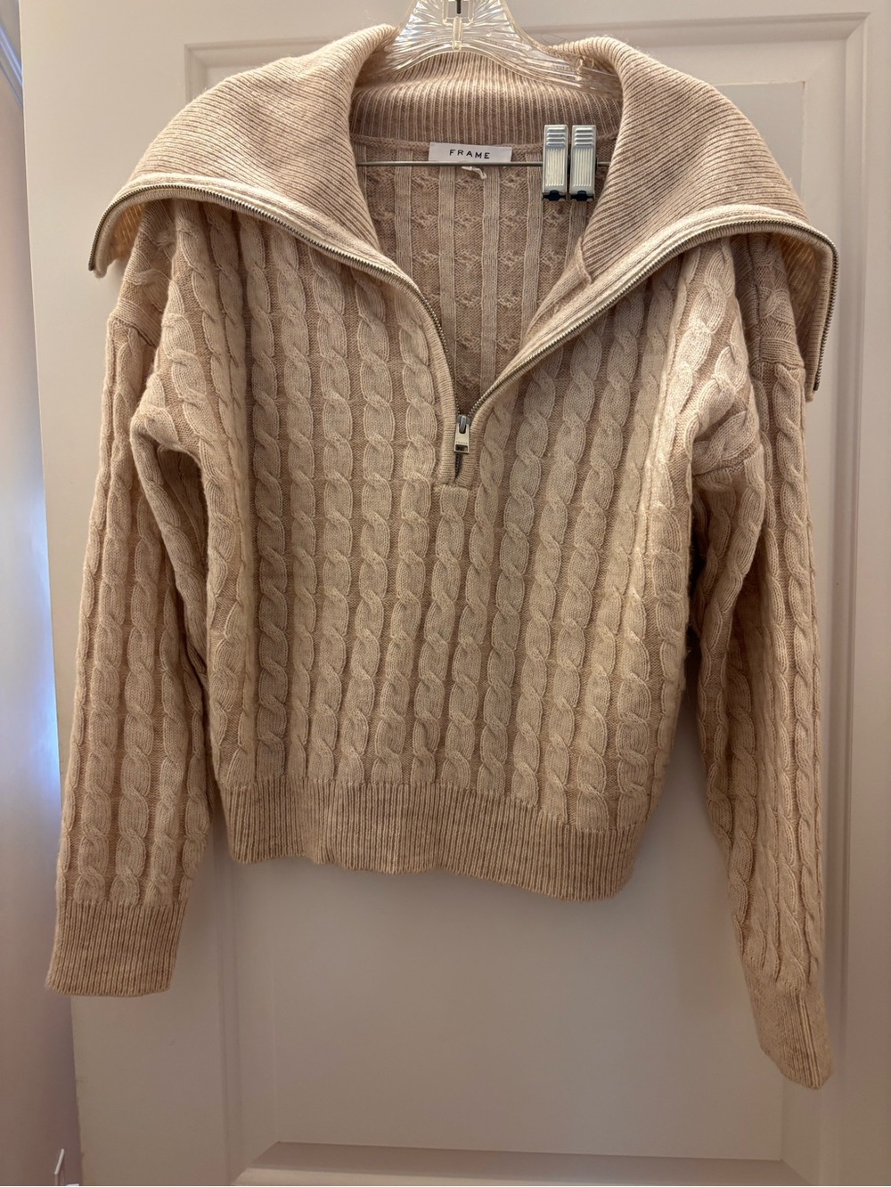 Frame Cable-Knit Half-Zip Sweater in Oat